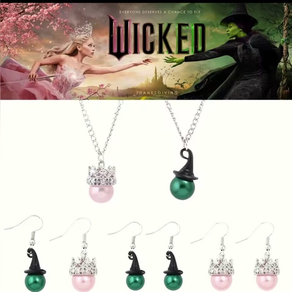 Wicked Witch Of The West Green Faux Pearl rNecklace & Earrings Set Silver Tone - Picture 9 of 12